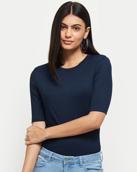 473Wx593H-464238585-navy-MODEL.jpg Women Ribbed Stretchable Round-Neck Top - Image 1